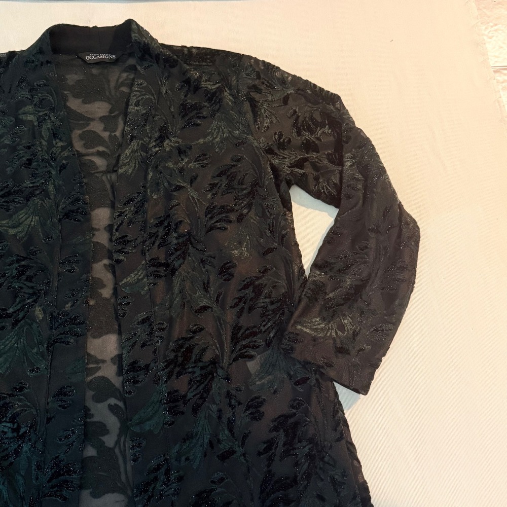 Susan Graver Occasion Cardigan MP Black Velvet Burnout Glitter Open Front Kimono - Picture 12 of 16